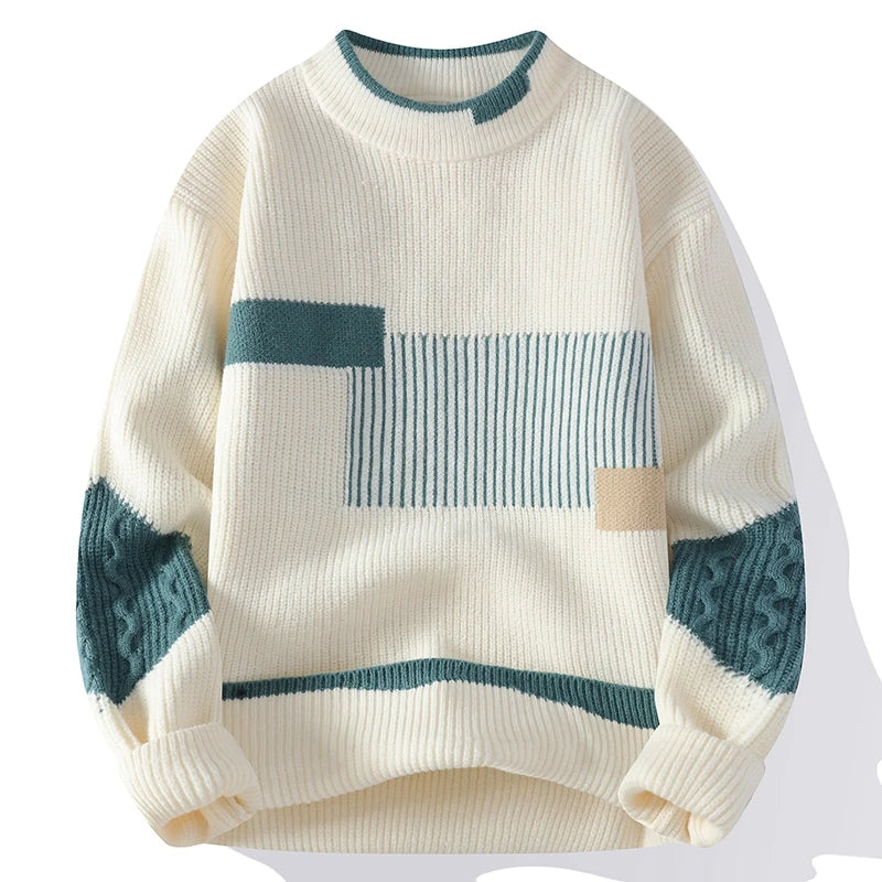 Men's Mock Neck Patchwork Knit Pullover Sweater Autumn Winter