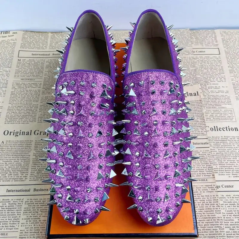 Men's Blue Bling Spike Slip-On Loafer Dress Shoes