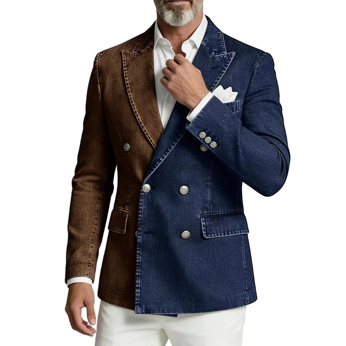 Men's Spliced Denim Peak Lapel Double-Breasted Blazer