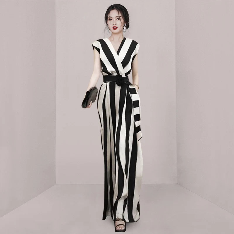 Women's Black-White Striped V-Neck Wide-Leg Jumpsuit, Office Belted Look