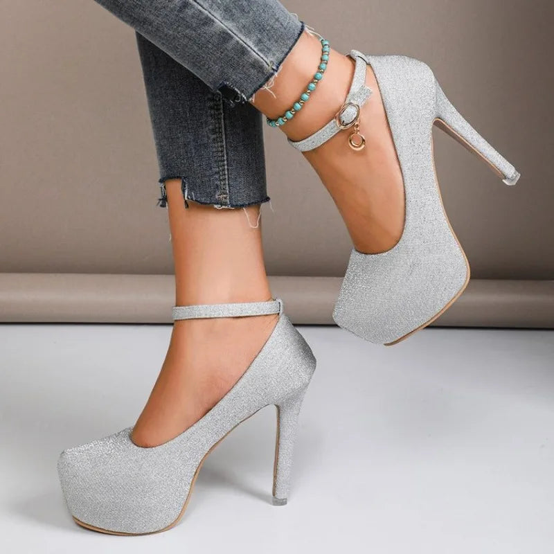 Women's Thin Heel Waterproof Platform Buckle Strap High Heels