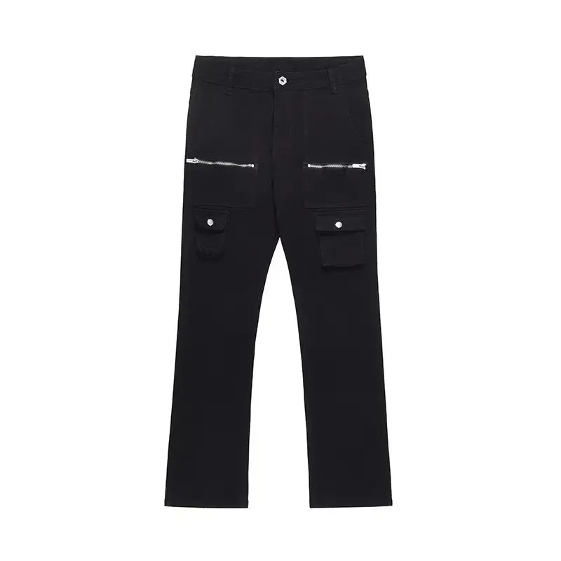 Men's Black Flared Zipper Cargo Jeans