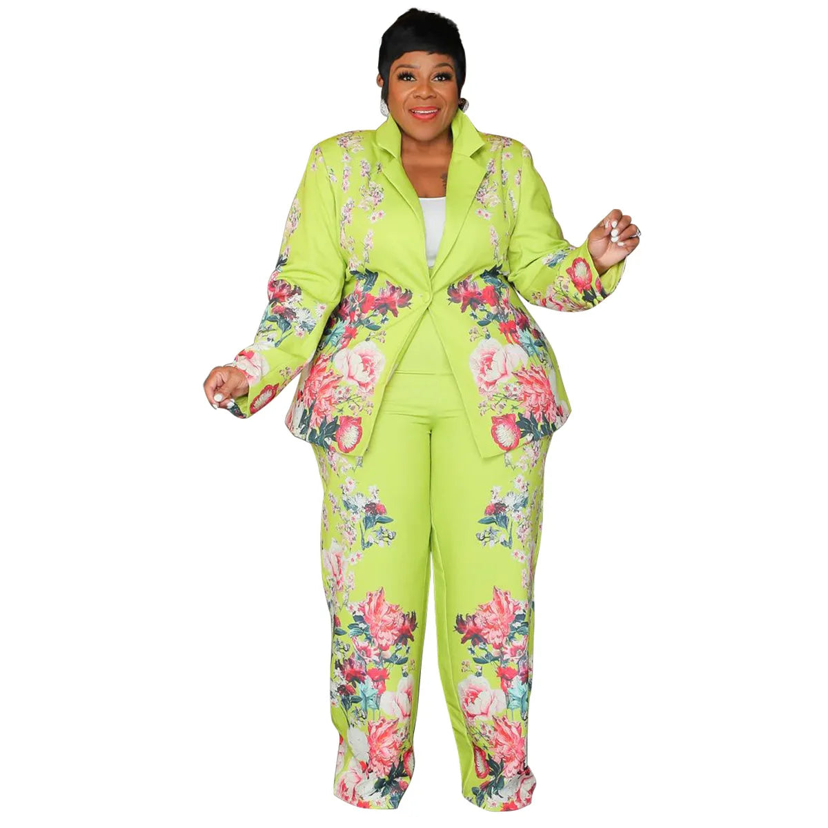 Women's Plus Floral Print Blazer and Wide-Leg Pants Set