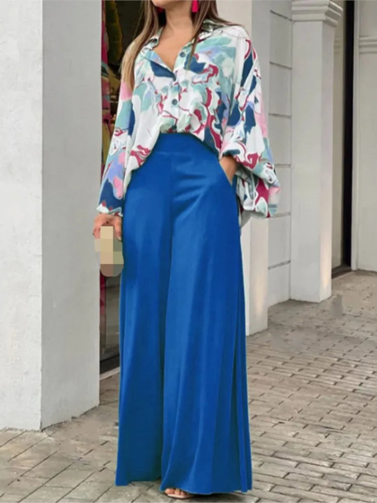 Women's Printed Shirt and Solid Pants Two-Piece Set