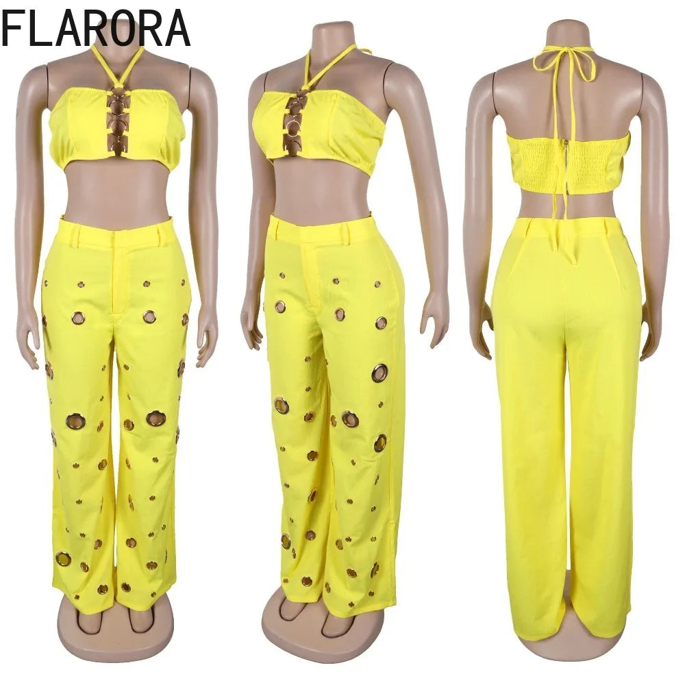 Women's Sequined Halter Top and Wide Leg Pants Set