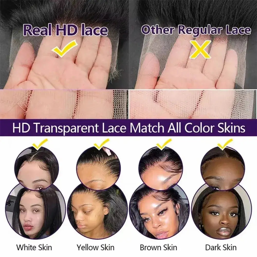 HD Transparent Lace Match All Color Skins for 13x6 HD Transparent Bone Straight Lace Frontal Wigs 5x5 Glueless Wear and Go Human Hair Wig 220 Density