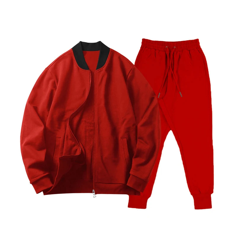 Men's Solid Stand-Collar Zip Jacket and Pants Set