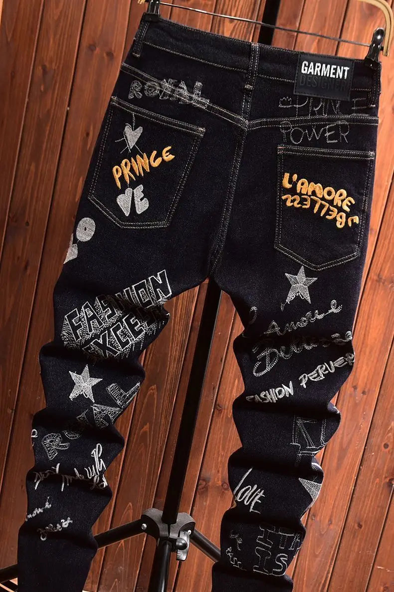 Men's Embroidery Badge Retro Cargo Black Denim Jeans