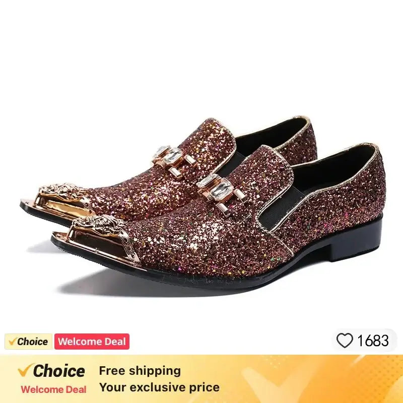 Men's Glitter Gold Italian Pointed Leather Wedding Dress Shoes