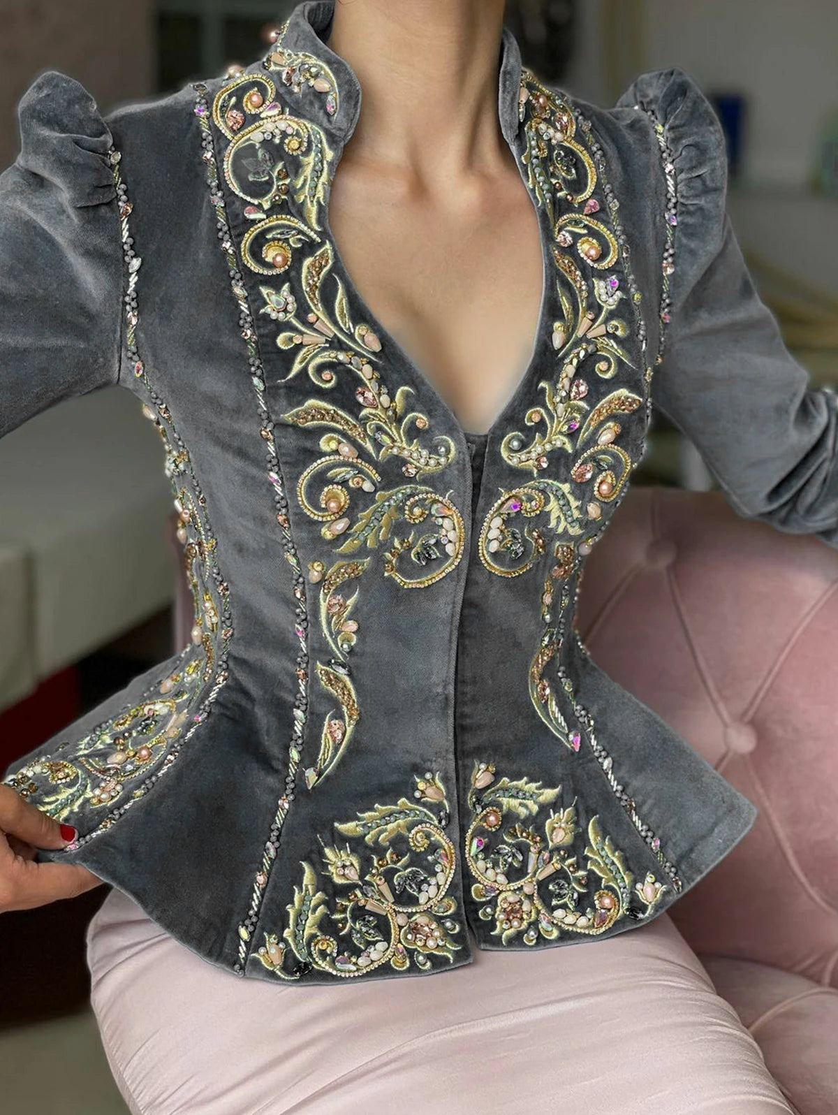 Women's Floral Embroidered V-Neck Velvet Peplum Blouse