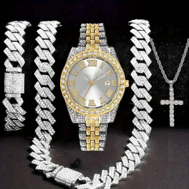 Men's Bling Quartz Watch and Cuban Chain Necklace Set