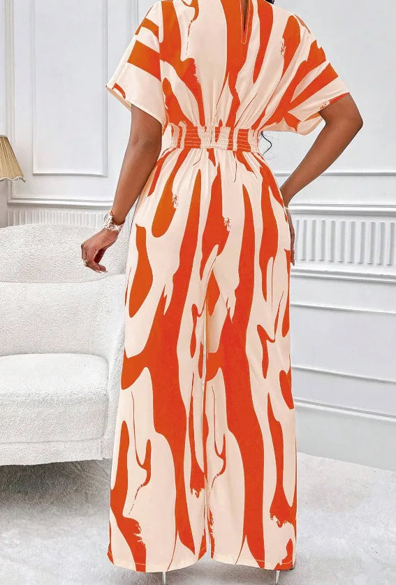 Women's V-Neck Short-Sleeve Printed Wide-Leg Jumpsuit