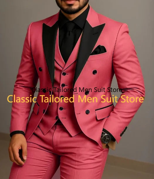 Beige Double Breasted Suit Black Lapel Slim Fit Wedding Suit