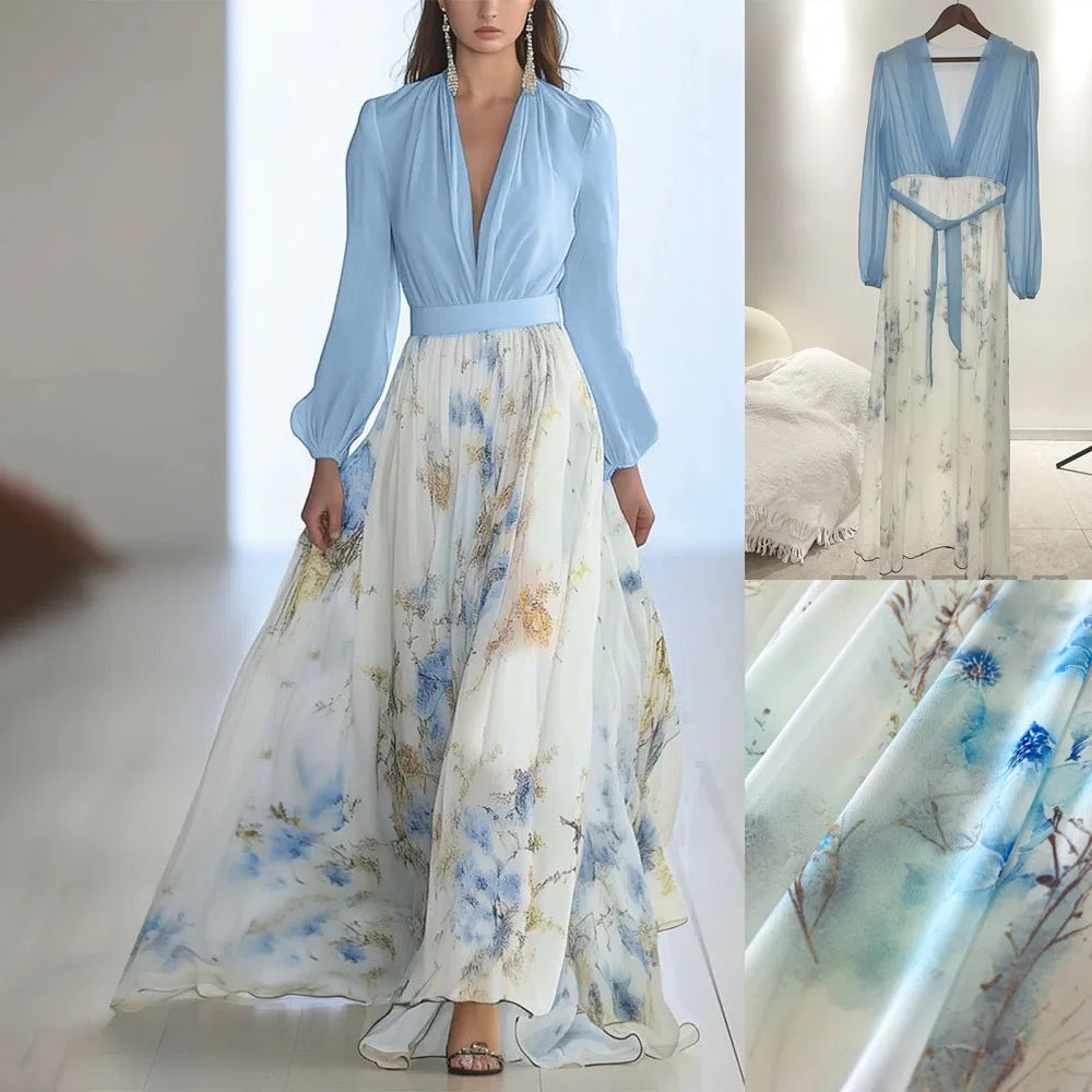 Women's Floral Patchwork Bohemian V-Neck Puff Sleeve Maxi Dress