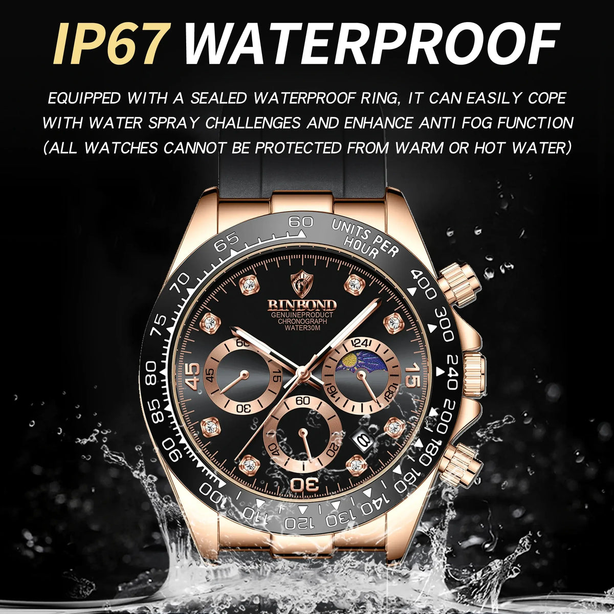 BINBOND Precise Chronograph Men's Watch Authentic Sports Quartz Watches For Men Luxury Luminous Waterproof Sturdy Casual Reloj with IP67 rating.