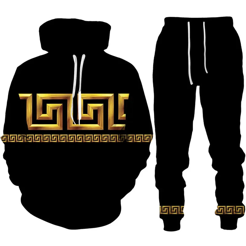 Men's Baroque Golden Flower 3D Print Hoodie and Trousers Set