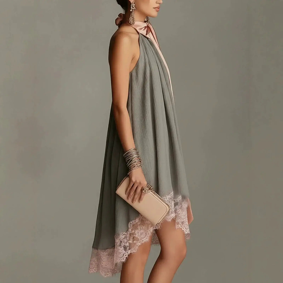 Women's Pink Satin Halter Mini Dress with Bow Tie