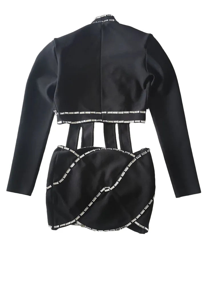 Women's Diamond Hollow Blazer and Bandage Skirt 2-Piece Set