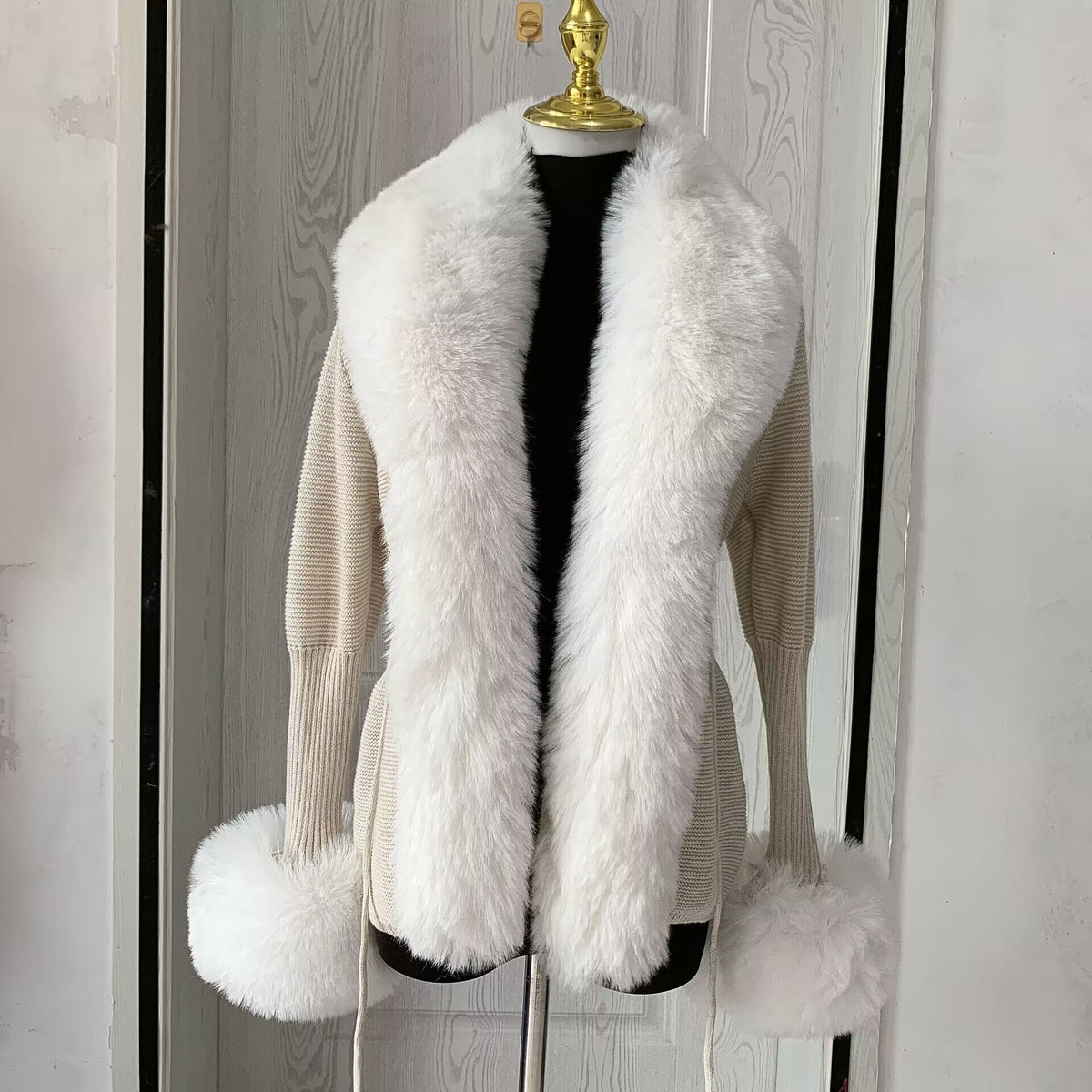 Women's Faux Fox-Fur Knit Cardigan, Autumn-Winter Fur Collar