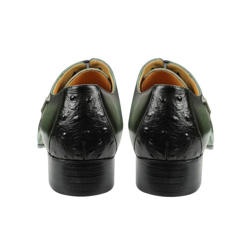 Men's British Carved Green Black Pointed Toe Lace-Up Oxford Shoes