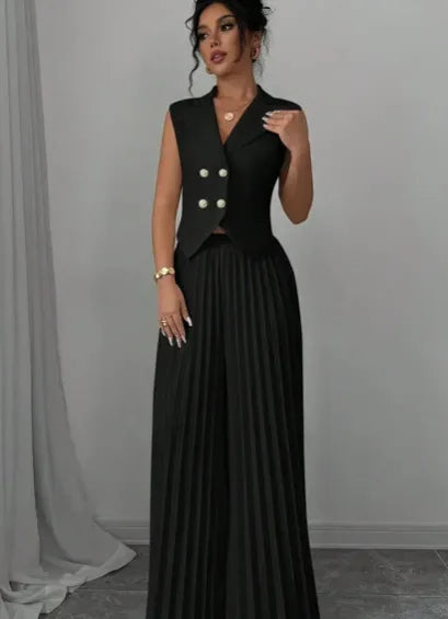 Women's Solid Lapel Sleeveless Top and Trousers Two-Piece Set