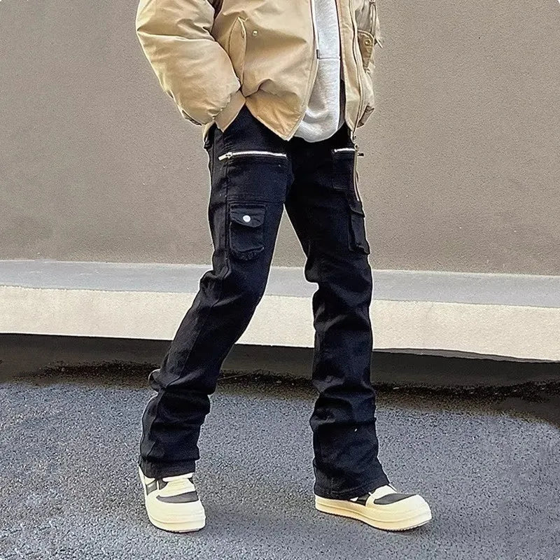 Men's Black Flared Zipper Cargo Jeans