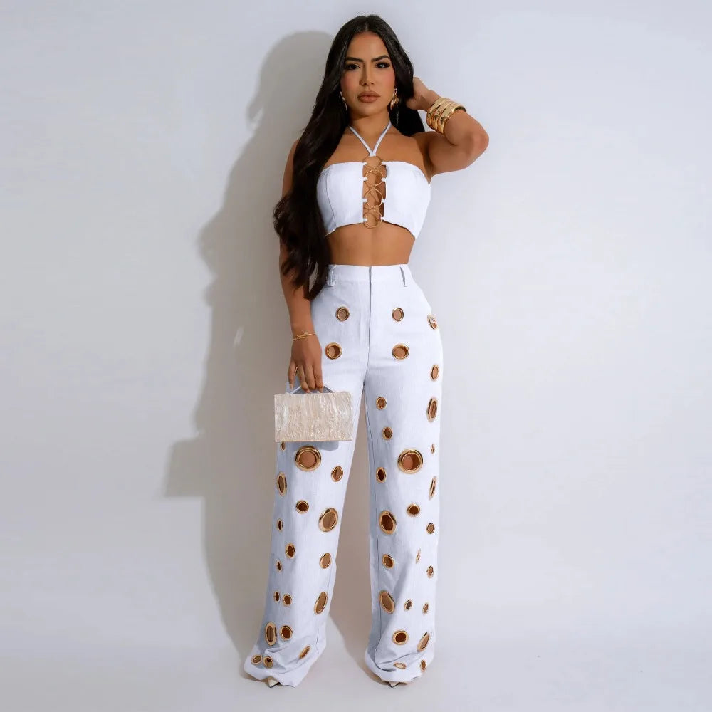 Women's Sequined Halter Top and Wide Leg Pants Set