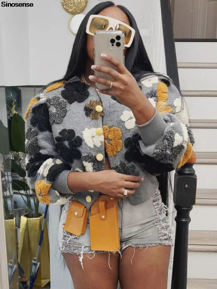 Women's Floral Print Puff-Sleeve Sherpa Fleece Bomber Jacket