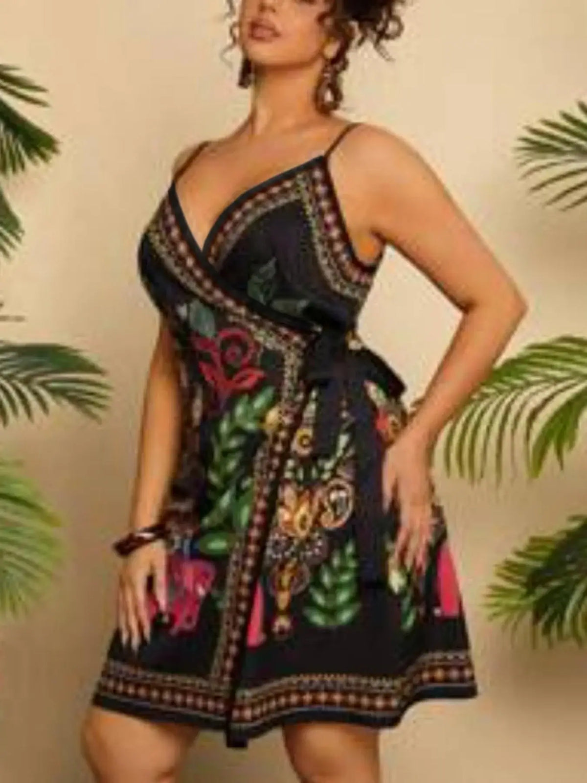Women's Plus Size Ethnic Print Halter V-Neck Holiday Dress