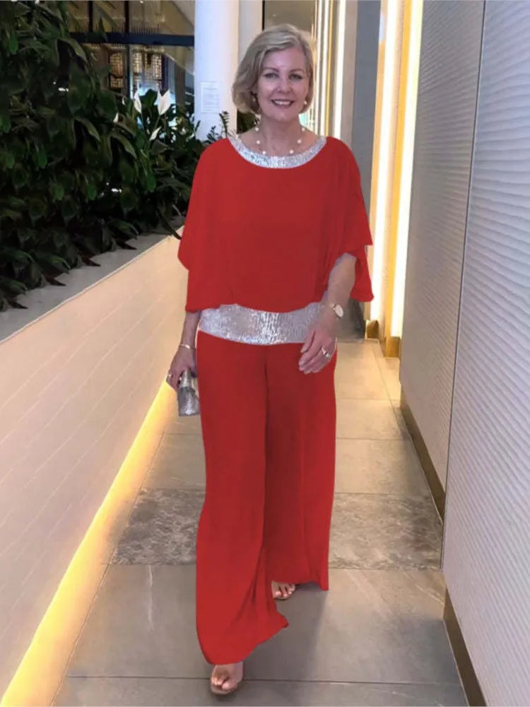 Women's Color-Block Glitter Batwing Top and Wide-Leg Pants Set