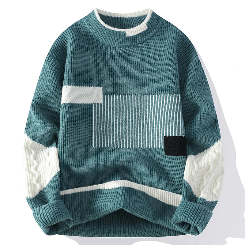 Men's Mock Neck Patchwork Knit Pullover Sweater Autumn Winter