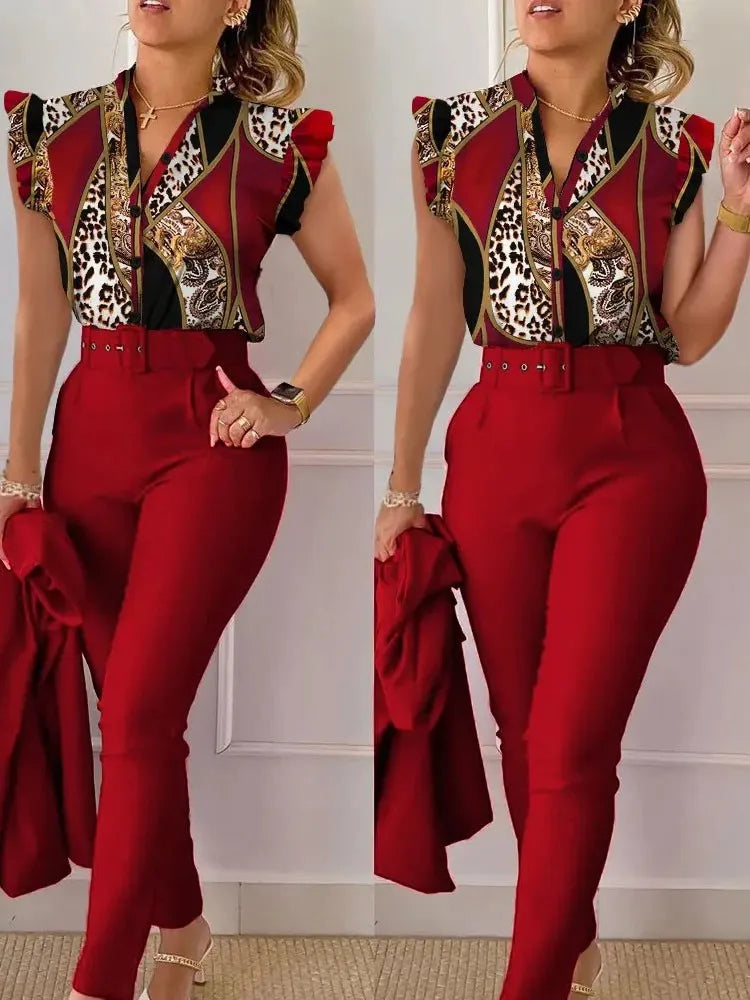 Women's Printed Sleeveless Shirt and Belted Pants Office Set