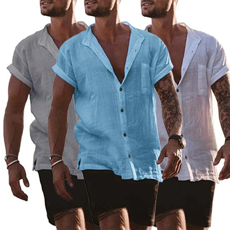 Men's Cotton Linen Short Sleeve Stand Collar Beach Shirt