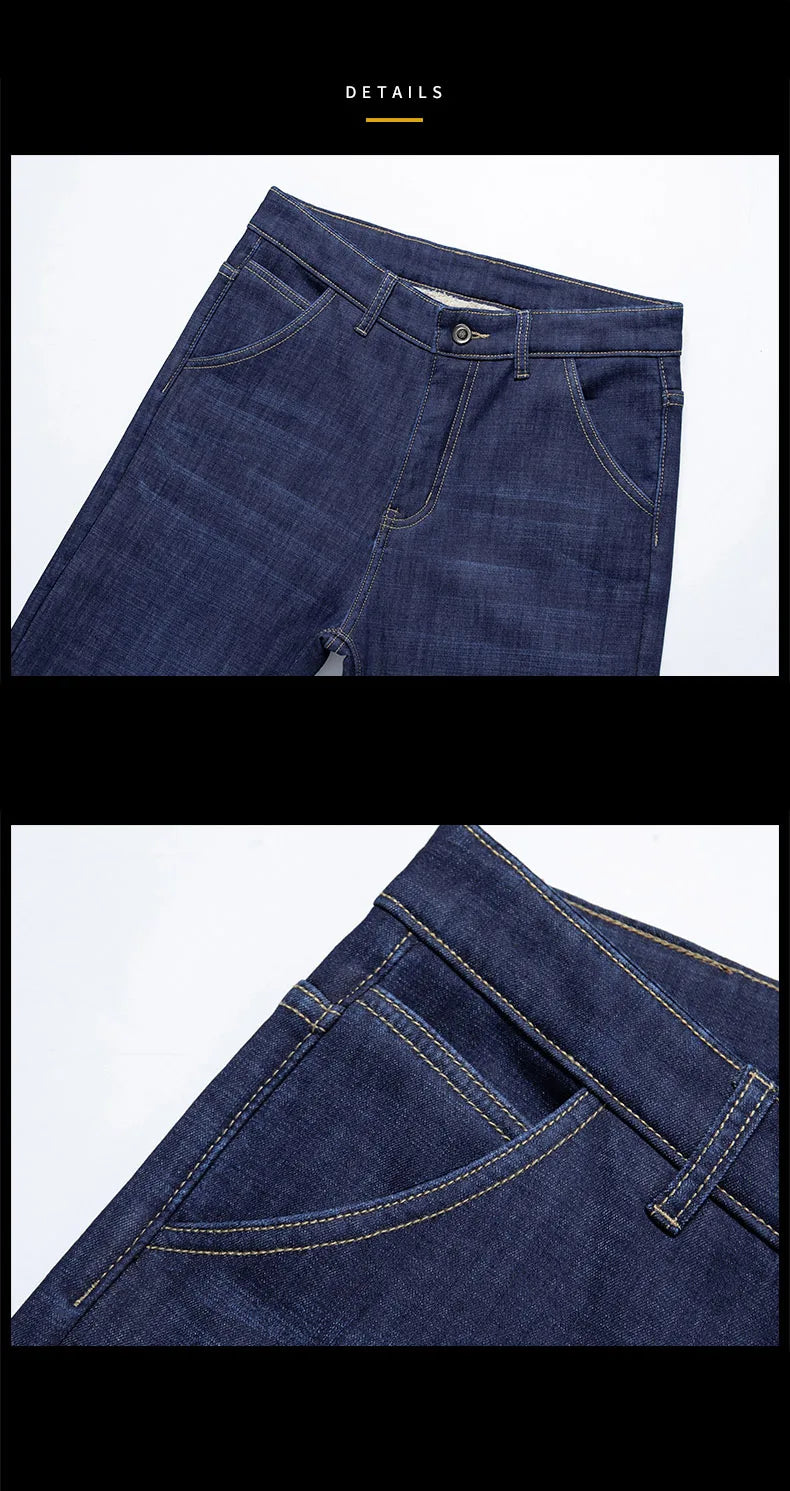 Men's Winter Fleece-Lined Lamb Denim Straight Stretch Jeans, Size 40