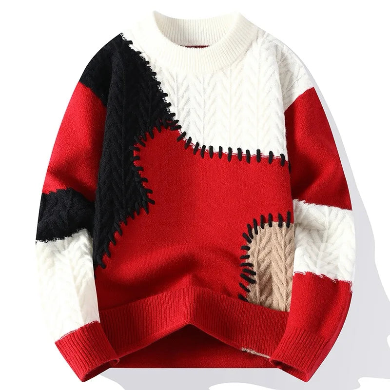 Men's Winter Patchwork Knit O-Neck Pullover, Thick Loose Sweater