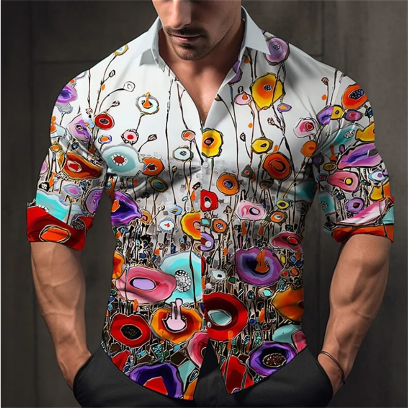 Men's Geometric Flower Pattern Button Shirt T-Shirt Set