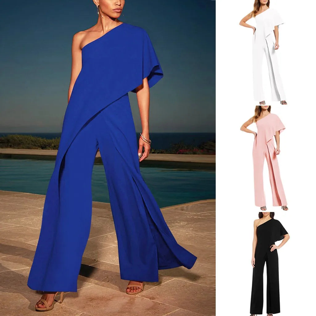 Women's Solid Cold-Shoulder Wide-Leg Party Jumpsuit