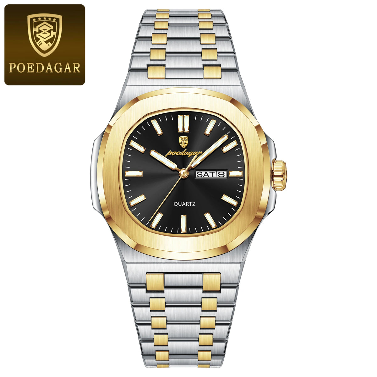 Men's Square Stainless Steel Date Week Quartz Wristwatch