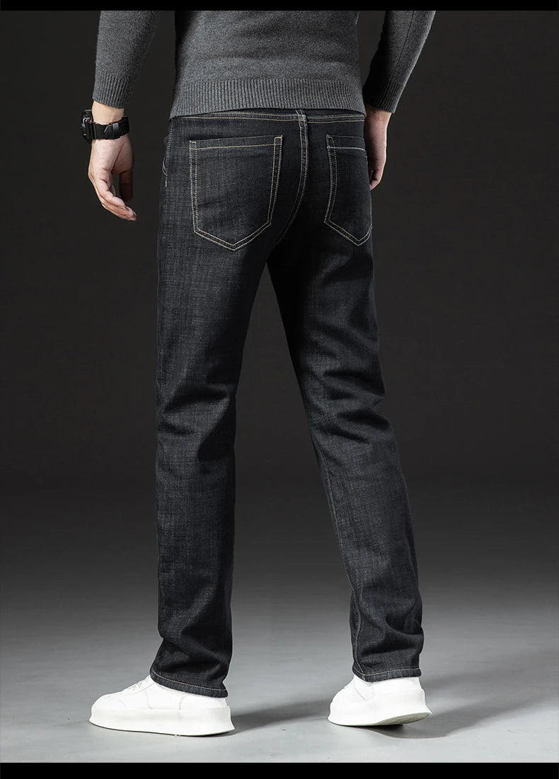 Men's Winter Fleece-Lined Lamb Denim Straight Stretch Jeans, Size 40