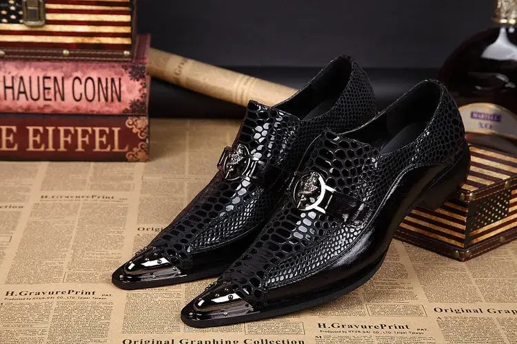 Men's Italian Snake Grain Pointed Leather Dress Shoes