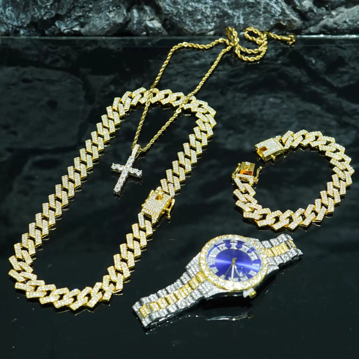 Men's Bling Quartz Watch and Cuban Chain Necklace Set