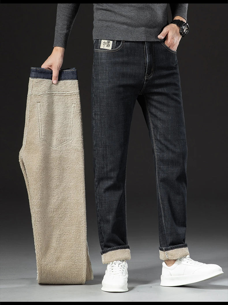 Men's Winter Fleece-Lined Lamb Denim Straight Stretch Jeans, Size 40