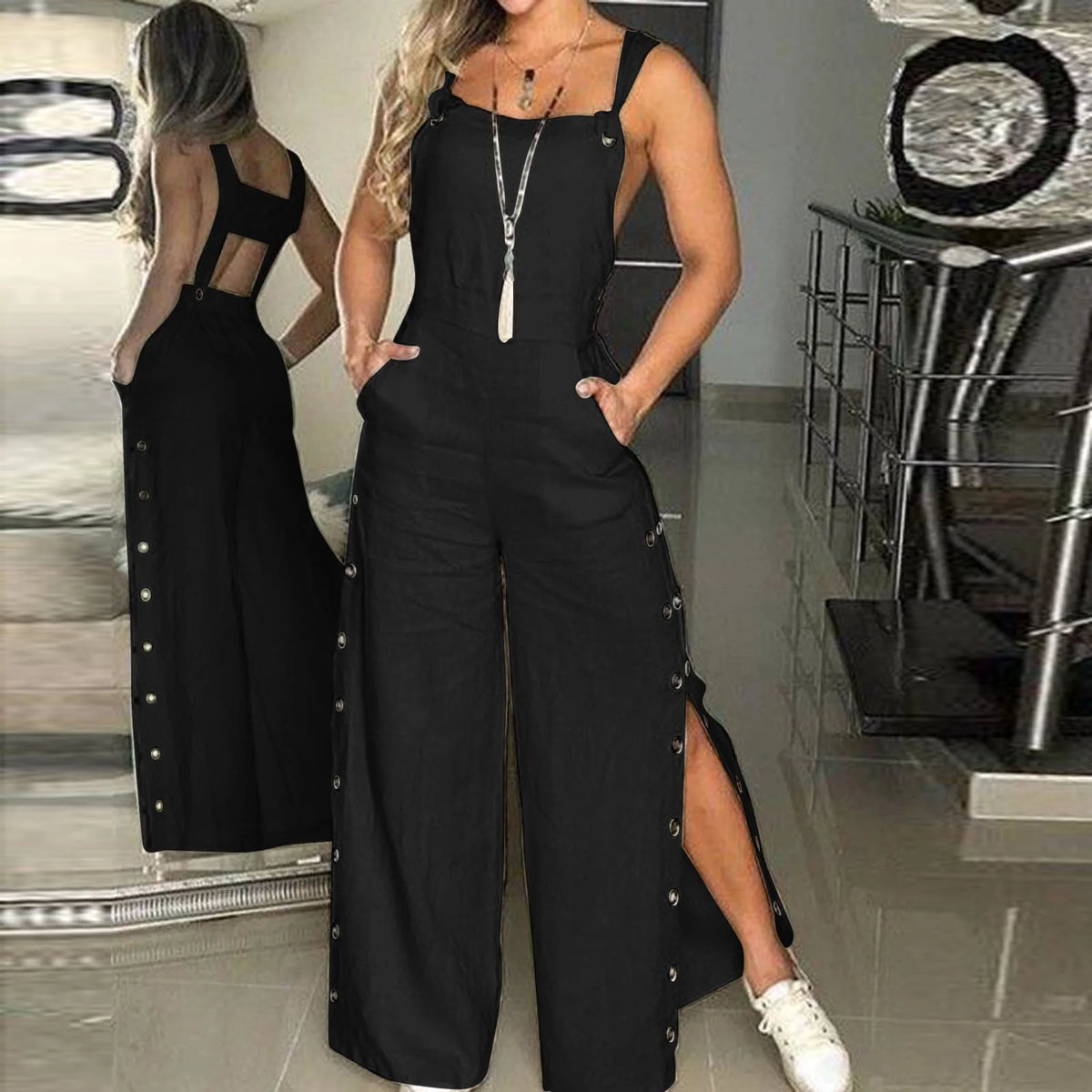 Women's Summer Sleeveless Cotton Linen Playsuits Strappy Side Button Opening Overalls Loose Long Wide Leg Pants Female Jumpsuits