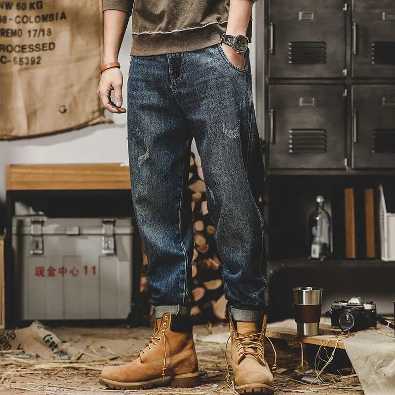 Men's Straight Tapered Cargo Jeans, Plus-Size Stacked Winter Denim Pants
