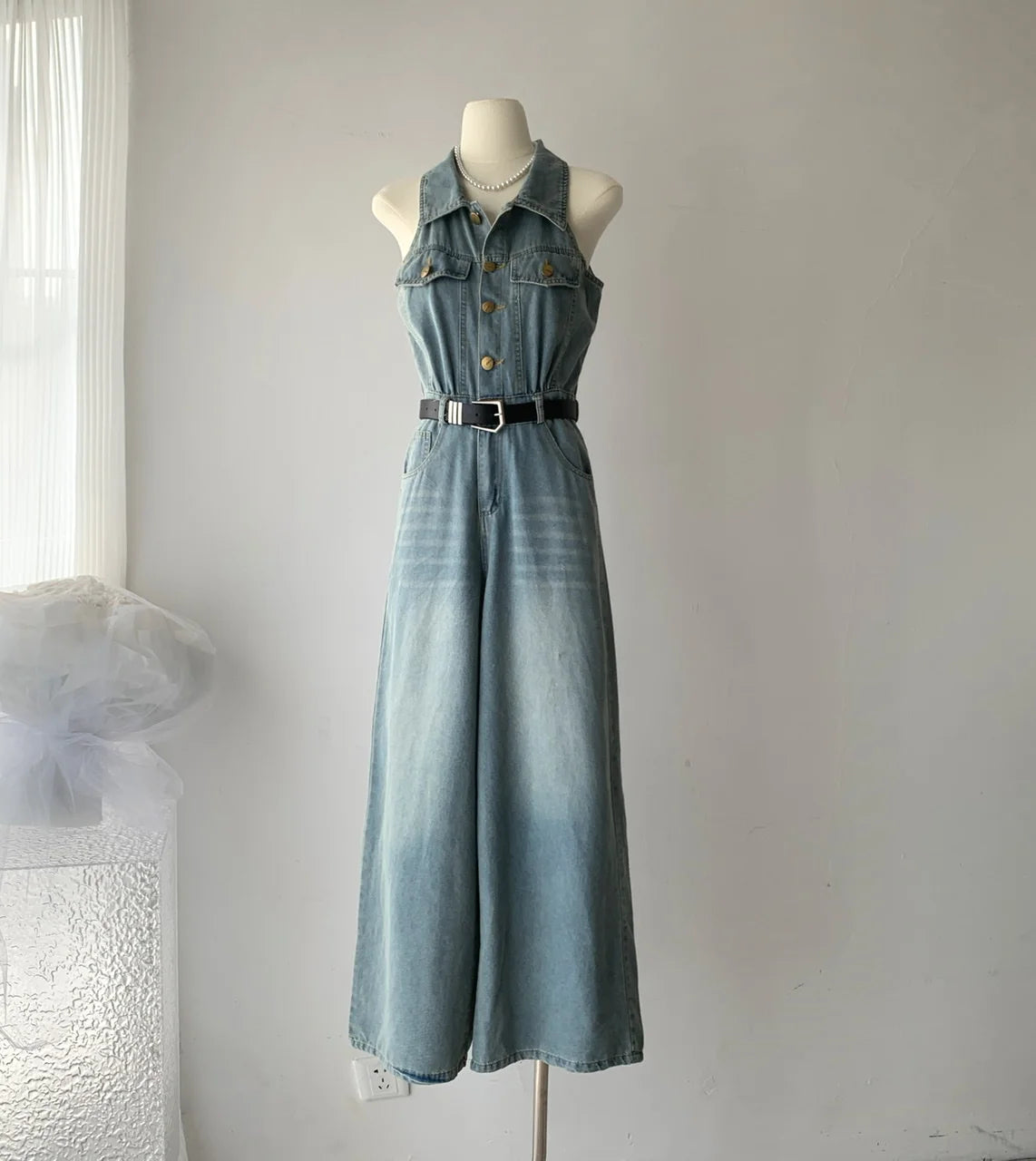 Women's Polo-Neck Sleeveless Denim Wide-Leg Jumpsuit