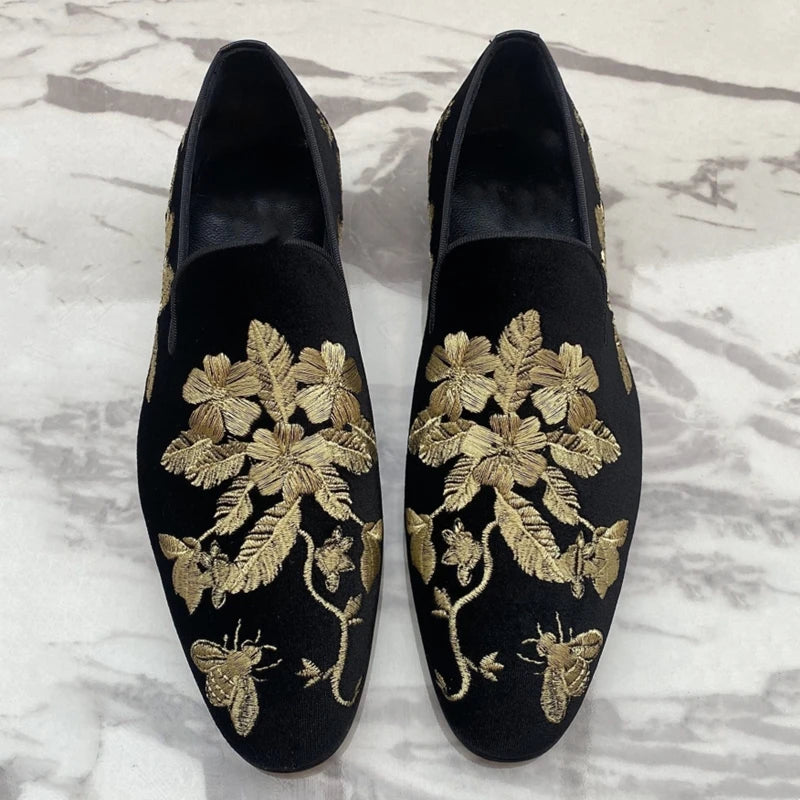 Men's Black Flock Embroidered Slip-On Dress Loafers