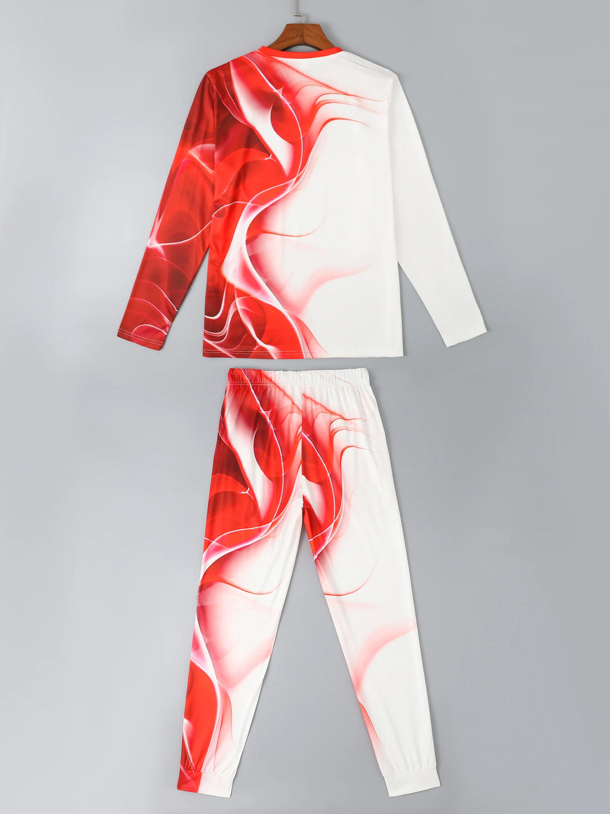 Men's Wave-Print Long-Sleeve Shirt and Pants Casual Sports Two-Piece Set
