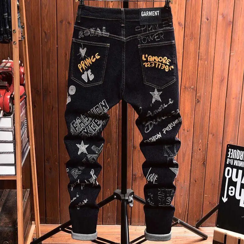Men's Embroidery Badge Retro Cargo Black Denim Jeans