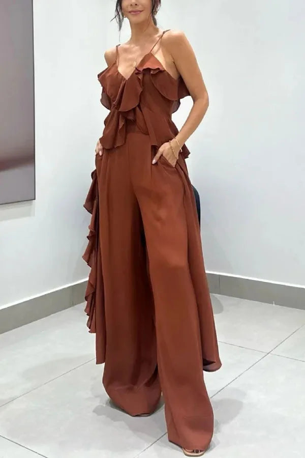 Women's Chiffon V-Neck Ruffle Top and Straight Pants Set