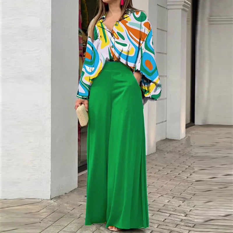 Women's Printed Shirt and Solid Pants Two-Piece Set